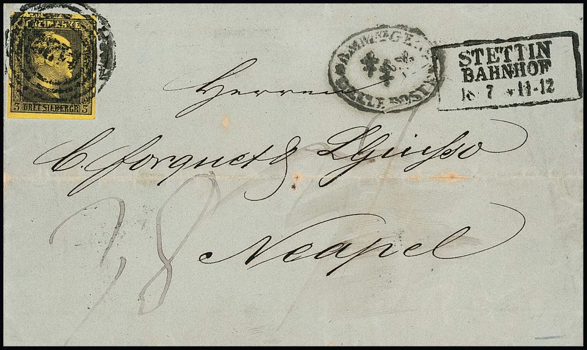 3 Sgr. noir/jaune, pièce de choix comme affranchissement partiel sur lettre (légèrement teinté dans le pli central) avec NS "1439" et Ra3 "Stettin Bahnhof" 1857 pour Naples/Sicile.…