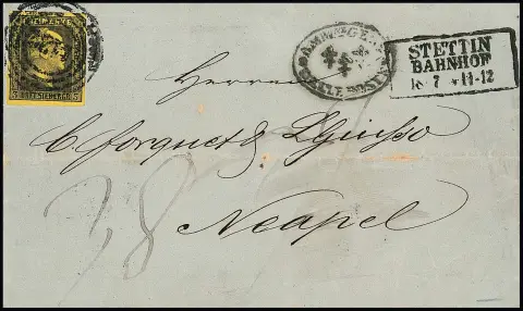 3 Sgr. noir/jaune, pièce de choix comme affranchissement partiel sur lettre (légèrement teinté dans le pli central) avec NS "1439" et Ra3 "Stettin Bahnhof" 1857 pour Naples/Sicile.…