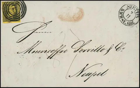 3 Sgr. noir/jaune, pièce magnifique pleine à large marge avec NS "1439" et K2 "Stettin" sur lettre pour Naples, port partiel rare (la part italienne de 87 Grana incl. transit des États pontificaux a été facturée au destinataire), certificat Wasels