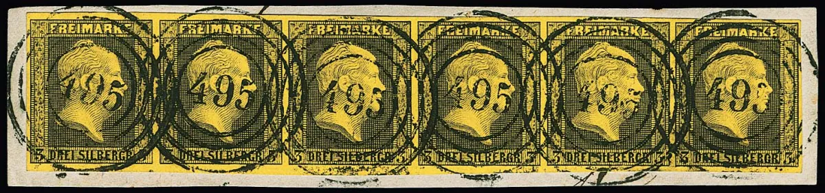 3 Sgr. noir/jaune en très rare bande de six sur luxueux fragment de lettre avec NS "495" (Glogau), signé Flemming avec constat, certificat Brettl