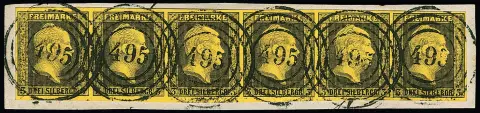 3 Sgr. noir/jaune en très rare bande de six sur luxueux fragment de lettre avec NS "495" (Glogau), signé Flemming avec constat, certificat Brettl