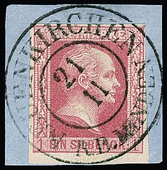 1 Sgr. carmin sur luxueux fragment de lettre avec K2 préphilatélique centré "Neuenkirchen R.B. Minden", signé Drahn