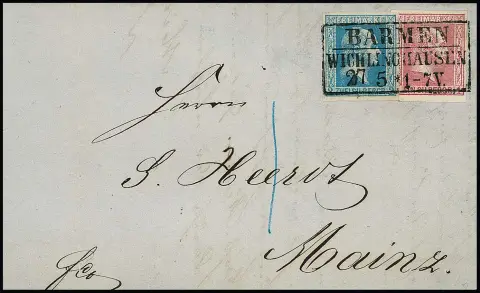 2 Sgr. bleu en affranchissement mixte avec 1 Sgr. rose, pièces de luxe sur lettre pliée 1860 avec Ra3 idéal "Barmen-Wichlinghausen". Le 2 Sgr. avec la variété de plaque la plus marquante et rare "trait diagonal à travers FREIMARKE", dont une poignée de lettres existent. Mi. 1800,- +