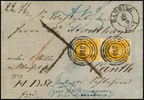 3 Sgr. orange, paire verticale à larges marges (avec un espace de 4 mm entre les timbres, comme un pont, du centre des blocs de 50 respectifs) sur lettre de colis avec NS "578" et K2 "Hamburg" ainsi que trait de plume vers Canth/Silésie, une pièce postale intéressante et rare, attestation Wasels