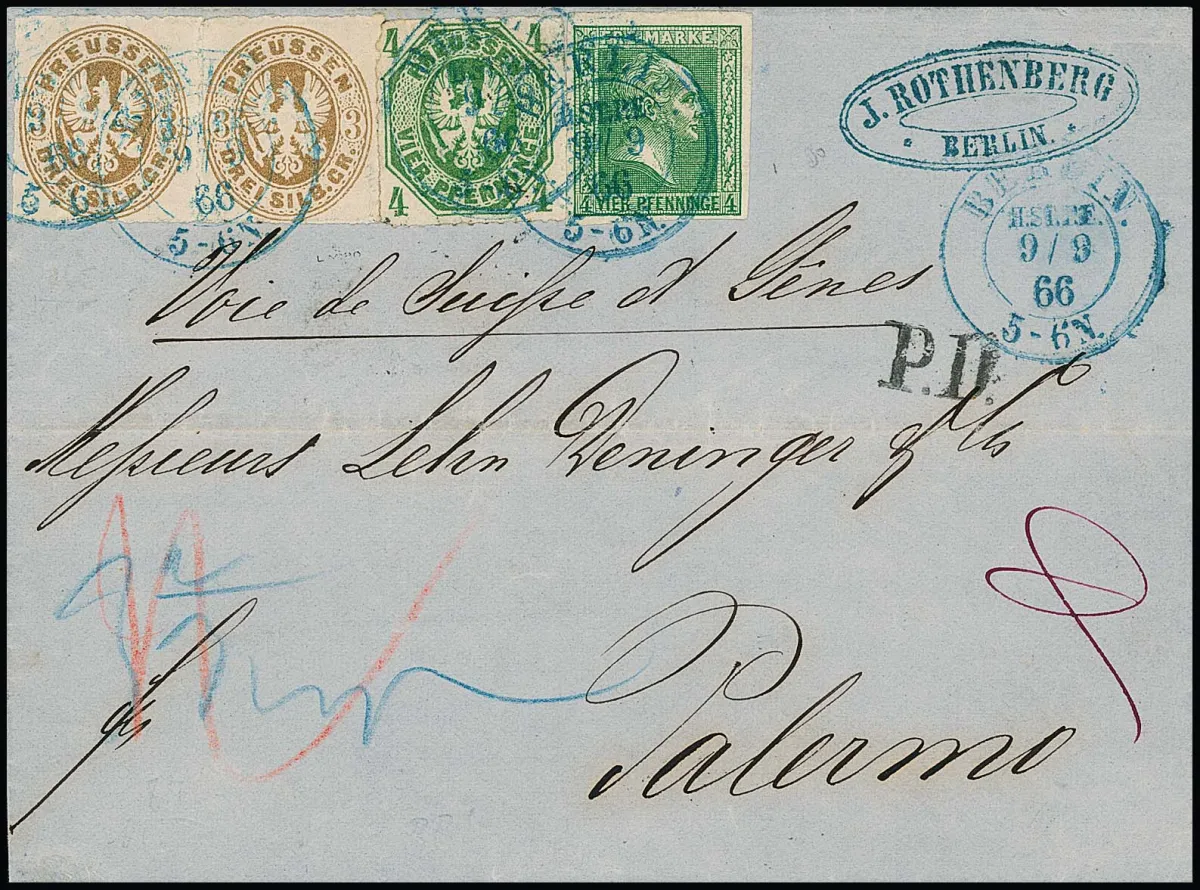 4 Pfge. green in rare same-value mixed franking with coat of arms 4 Pfge. green, and pair 3 Sgr. ochre-brown, on foreign letter with blue K2 "Berlin…