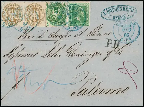 4 Pfge. vert en rare affranchissement mixte de même valeur avec armoiries 4 Pfge. vert, ainsi que paire 3 Sgr. ocre-brun, sur lettre étrangère avec K2 bleu "Berlin…