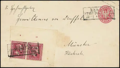 1 Sgr. carmin, paire à très grandes marges du coin supérieur droit de la feuille avec bord de feuille jusqu'à 18 mm, numéros de rangée "9" et "10", sur entier armoiries 1…
