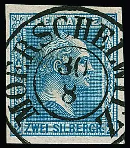 2 Sgr. bleu, pièce de luxe à larges marges avec K2 idéalement centré "Moerschelwitz", signé Kastaun