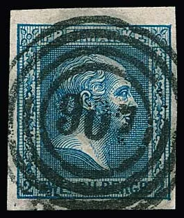 2 Sgr. bleu, pièce de choix avec oblitération nette et centrée par NS "907" (Magdebourg) et timbre avec défaut de plaque "I incliné" (retouche).