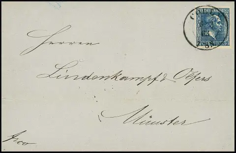 2 Sgr. noir-bleu sur lettre de choix avec K2 "Coeln" (avec année "63") pour Münster, le timbre avec défaut de plaque "feuille de chêne enroulée" (manuel H1).