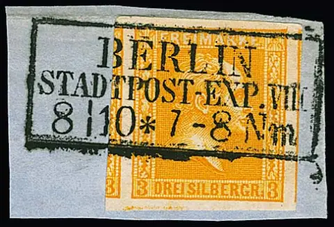3 Sgr. orange, ungewöhnlich überrandig, links und rechts Nebenmarke, auf Luxusbriefstück mit geradem Ra3 "Berlin Stadtpost-Exp. VIII"