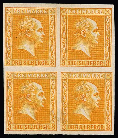 3 Sgr. gelborange (Grenznuance), breitrandiger ungebrauchter Viererblock (Mitte nur im Zwischenraum Vorfaltspur, unteres Paar unbed. Verfärbung), seltene…