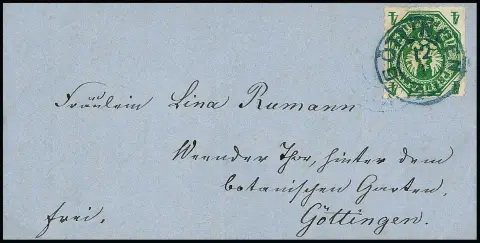 4 Pfge. grün einzeln auf kleinem blauem Ortsbrief mit nachverwendetem blauem K2 "Göttingen". Ortsbriefe zu 4 Pfennige zum übernommenen alten Hannover-Tarif…