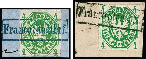 4 Pfge. grün, zwei dekorative Briefstücke je mit Entwertung durch Berliner Ra1 "Franco Stadtbrf." in schwarz bzw. blau (einmal kl. Durchstich-Unebenheit). Bei…
