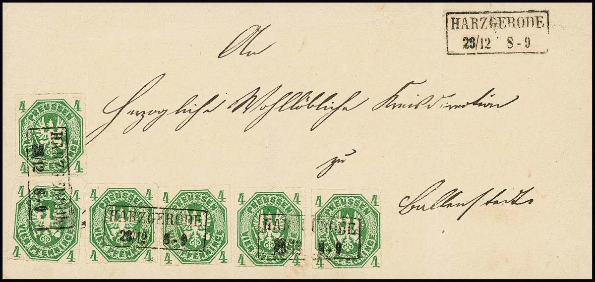 4 Pfge. green, six individually affixed copies on cabinet letter with Ra2 "Harzgerode" to Ballenstedt