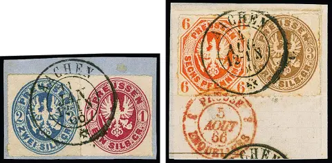 6 Pfg. rotorange nebst 3 Sgr. ockerbraun, bzw. 1 Sgr. karmin und 2 Sgr. blau, zwei Briefstücke je mit seltenem K2 "Aachen" in belgischer Versuchstype