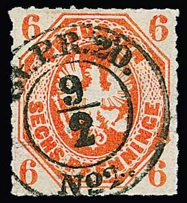 6 Pfge. red-orange, showpiece with rare cancellation by letter collection K2 "ST.PR.20 No. 2" from Königsberg (formerly Berlin), signed with photo exp. Brettl