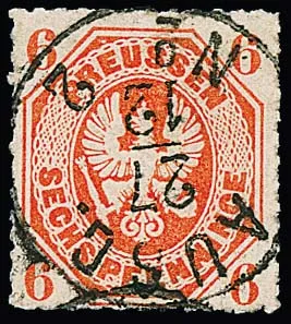 6 Pfge. rouge-orange, pièce de choix avec oblitération rare et centrée par K1 grotesque "AUSG. No. 2"
