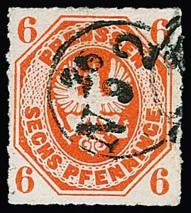 6 Pfge. red-orange, showpiece with rare cancellation by small issue K1 "N.2", certificate Bringmann