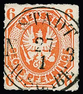6 Pfge. rotorange, Luxusstück mit hierauf seltener Entwertung durch zentrischen K1 "STADT AUSGABE N.3"