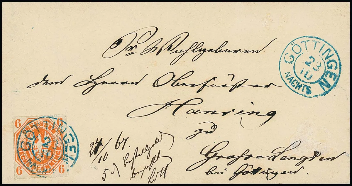 6 Pfge. rotorange (bereits mit unauffälligem Fältchen aufgeklebt) auf seltenem Briefsammlungsbrief mit Inhalt aus der Briefsammlung Reinhausen, 23.10.1867,…