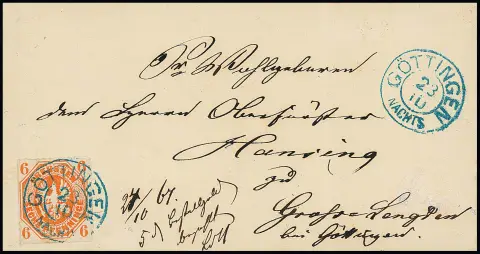 6 Pfge. rotorange (bereits mit unauffälligem Fältchen aufgeklebt) auf seltenem Briefsammlungsbrief mit Inhalt aus der Briefsammlung Reinhausen, 23.10.1867,…