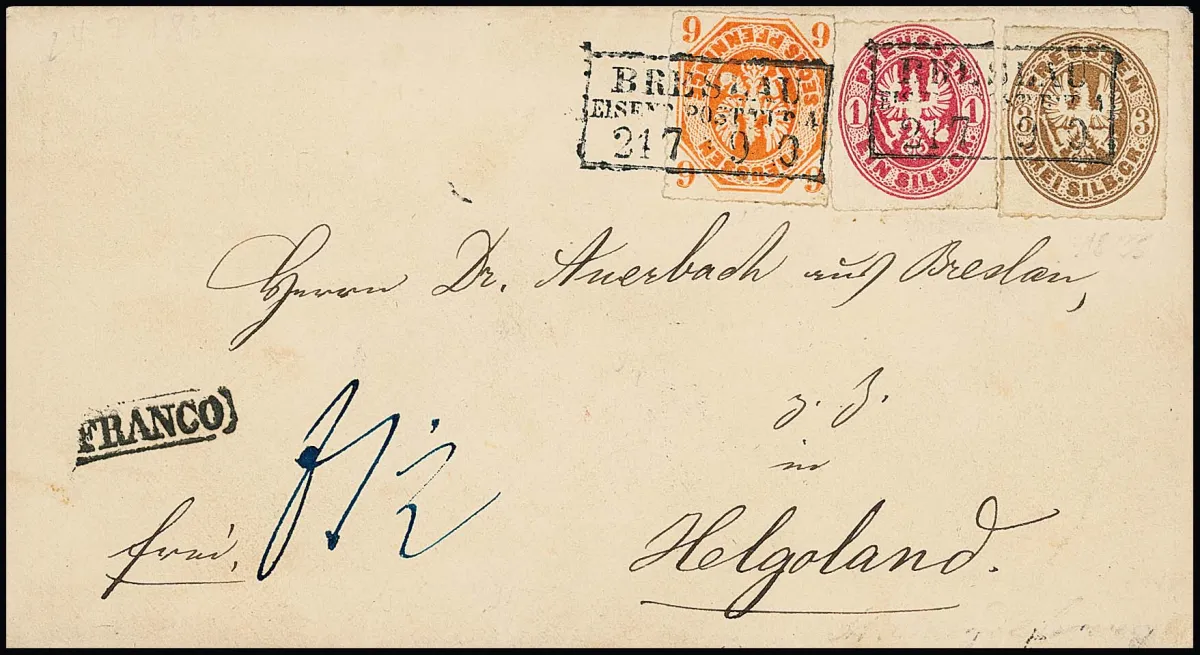 6 Pfge. red-orange, 1 Sgr. pink (this one with min. edge split on the right) and 3 Sgr. ochre-brown on magnificent cover with Ra3 "Breslau Eisenb. Post. Bur. 4" 1863 via…