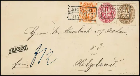 6 Pfge. rotorange, 1 Sgr. rosa (diese rechts min. Randspalt) und 3 Sgr. ockerbraun auf prachtvollem Couvert mit Ra3 "Breslau Eisenb. Post. Bur. 4" 1863 via…