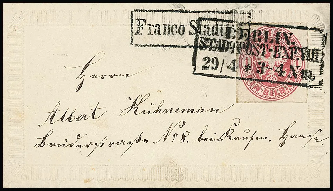1 Sgr. pink (slight scissor separation at bottom) single on charming mini embossed decorative cover with Ra3 "Berlin Stadtpost-Exp. VIII" and Ra1 "Franco Stadtbrf."…