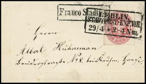 1 Sgr. rosa (unten etwas Scherentrennung) einzeln auf entzückendem Mini-Präge-Ziercouvert mit Ra3 "Berlin Stadtpost-Exp. VIII" und Ra1 "Franco Stadtbrf."…