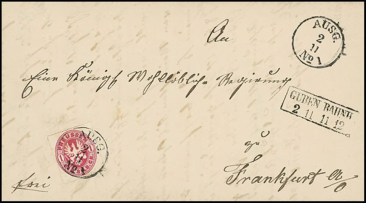 1 Sgr. rose sur lettre cabinet avec Ra2 latéral de départ "Guben Bahnh." pour Francfort-sur-l'Oder, le timbre avec oblitération rare par K1 "AUSG.", celui-ci aussi en côté