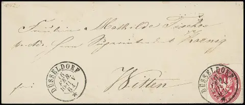 1 Sgr. rosa auf Prachtcouvert mit seltenem K2 "Düsseldorf" in belgischer Versuchstype (v. 16.2.1864)