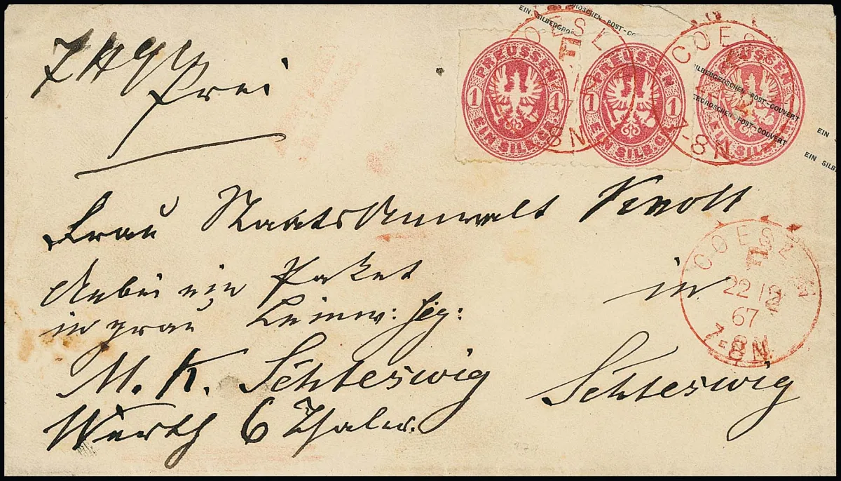 1 Sgr. rose, paire de cabinet sur entier 1 Sgr. rose (min. déchirure), avec très rare franco-K1 rouge "Coeslin F." comme lettre d'accompagnement de colis pour Schleswig, unique en cette forme. Attestations Brettl, Flemming