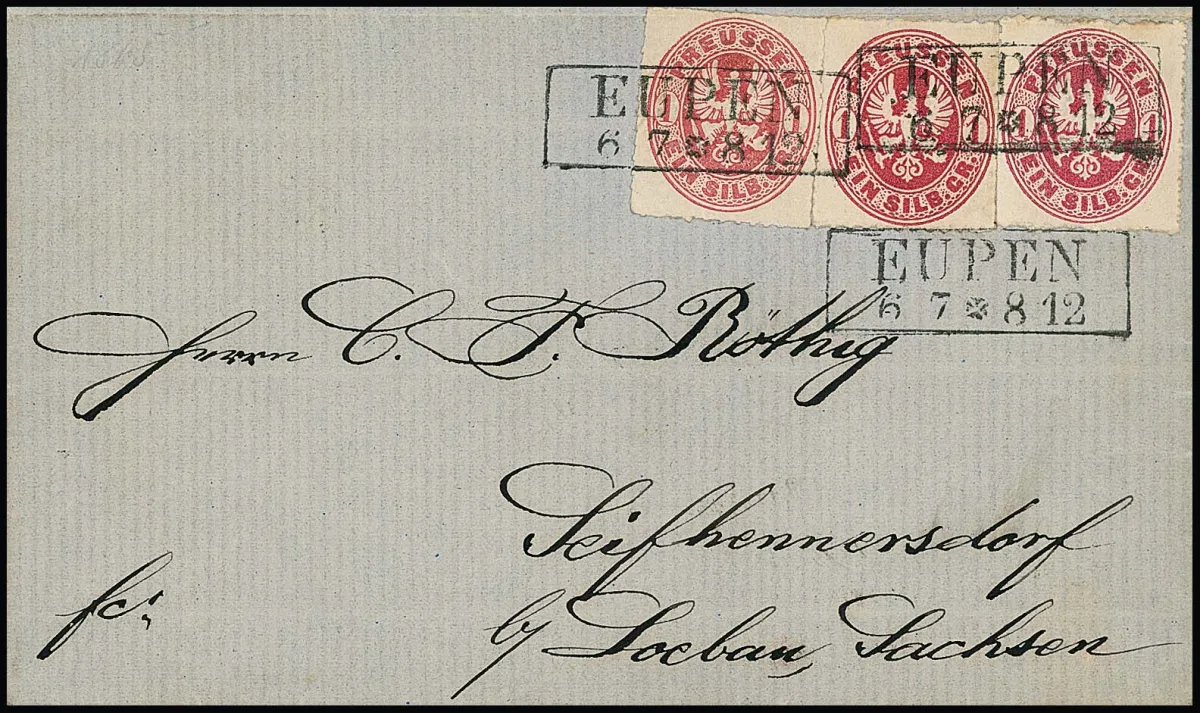 1 Sgr., three examples from all different editions, in the shades rose, dark carmine and carmine, on letter with better Ra2 "Eupen". In this form, a very unusual letter from the now Belgian post office!