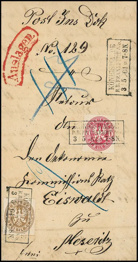 1 Sgr. karmin und 3 Sgr. braun, Kabinettstücke mit klarem Ra3 "Königswalde R.B. Frankfurt a.O." auf Insinuationsdokument nach Meseritz, lt. Inhalt verweigerte…
