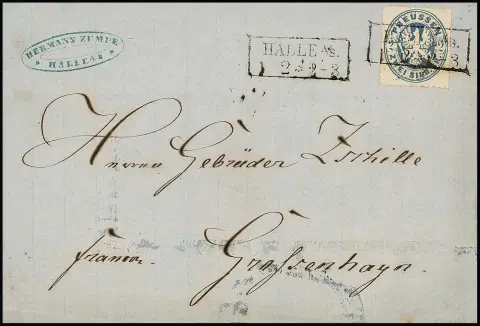 2 Sgr. milchiggraublau, sog. "Hallenser Postfälschung" auf Brief mit Verwendung in Halle a.S. (Ra2 v. 1.2.1866). Aufgrund der deutlich abweichenden Druckfarbe…