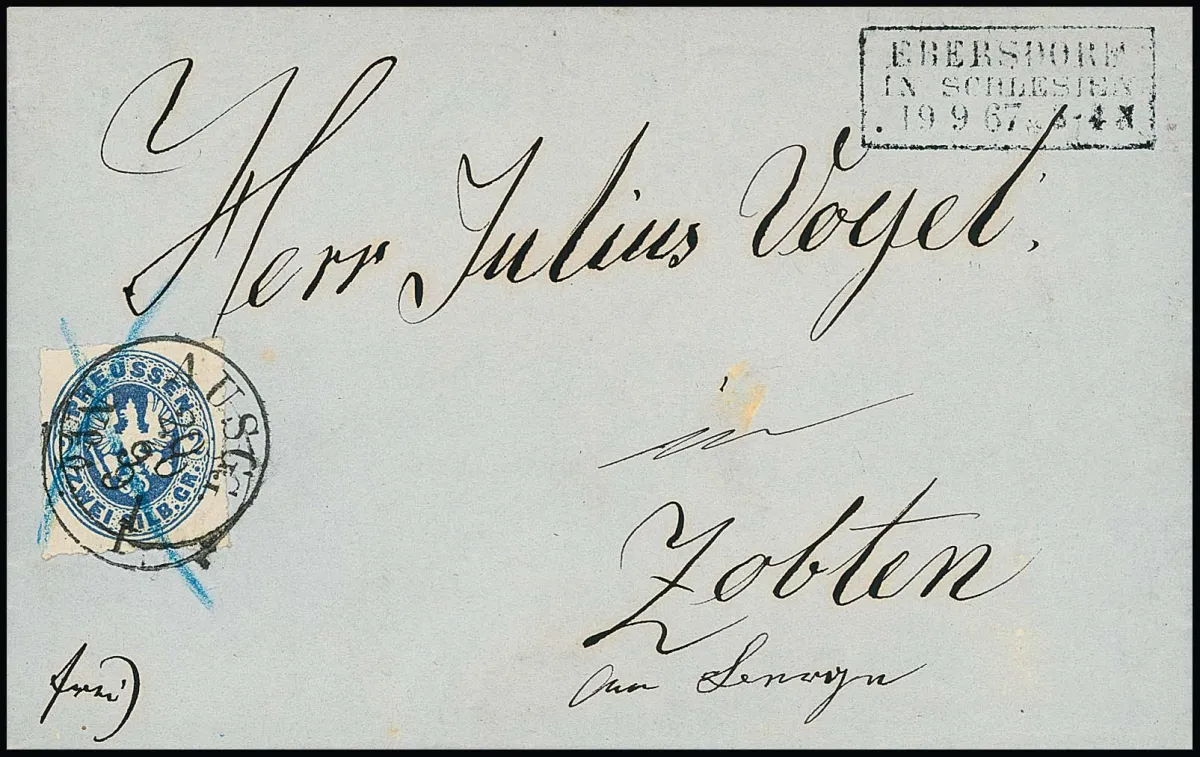 2 Sgr. blau auf Kabinettbrief mit Aufgabe-Neben-Ra3 "Ebersdorf in Schlesien" 1867 nach Zobten, seltene Entwertung der Marke durch zweifachen K1 "AUSG." und…