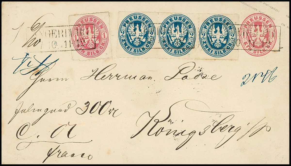 2 Sgr. preußischblau, Dreierstreifen mit perfektem Durchstich, nebst 1 Sgr. rosa (Ecke winzig Schere) auf Ganzsache 1 Sgr. rosa, mit besserem Ostpreußen-Ra2…