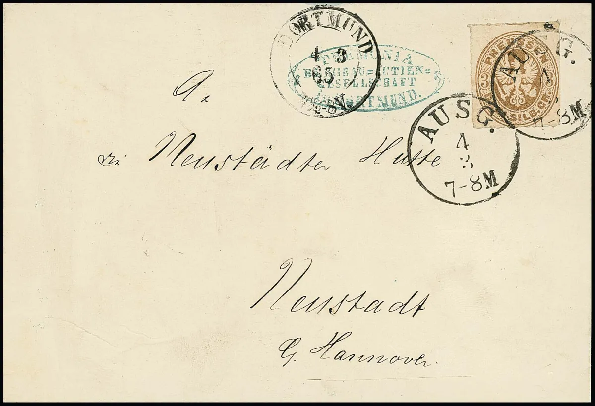 3 Sgr. ockerbraun auf Kabinettbrief mit Aufgabe-K2 "Dortmund" nebengesetzt, 1865 nach Neustadt bei Hannover, die Marke erst in Neustadt mit K1 "AUSG."…