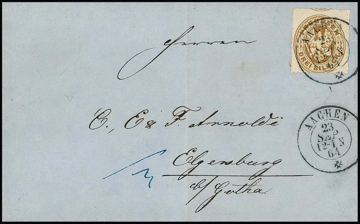 3 Sgr. ockerbraun, Kabinettstück mit seltenem K2 "Aachen" in belgischer Versuchstype (v. 23.9.1864) auf gef. Brief nach Elgersberg