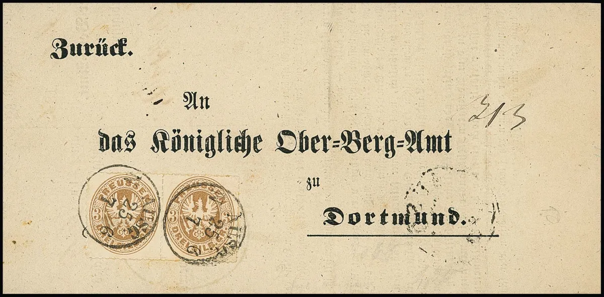 3 Sgr. brun ocre, paire de choix sur page d'adresse de document postal avec oblitération très rare par K1 "AUSG.", ex Baldus, unique sous cette forme !
