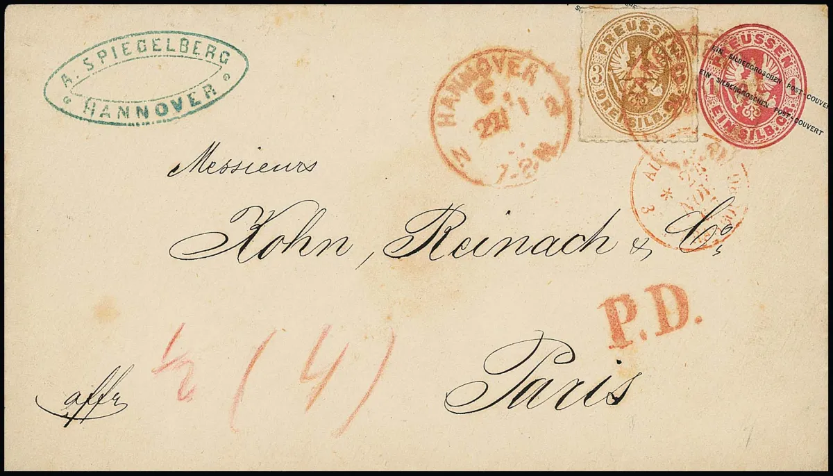 3 Sgr. ockerbraun, perfektes Exemplar auf Ganzsache 1 Sgr. rosa, mit rotem Franko-K1 "Hannover F.N.2" 1867 nach Paris, die restlichen "1/2" Sgr. bar bezahlt.…