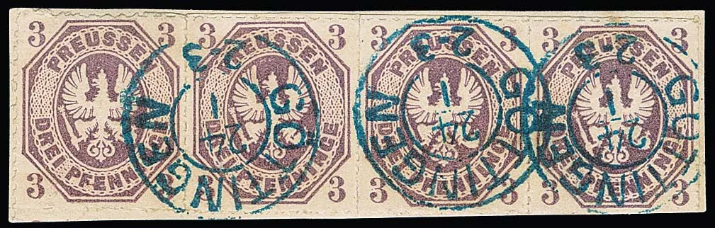 3 Pfge. grey-purple, horizontal strip of four with almost complete perforation (missing at bottom left!) on piece with blue reused K2 "Göttingen". Very rare unit in former Hanover area, Blecher collection (119. Grobe 1960), signed Köhler, Pröschold
