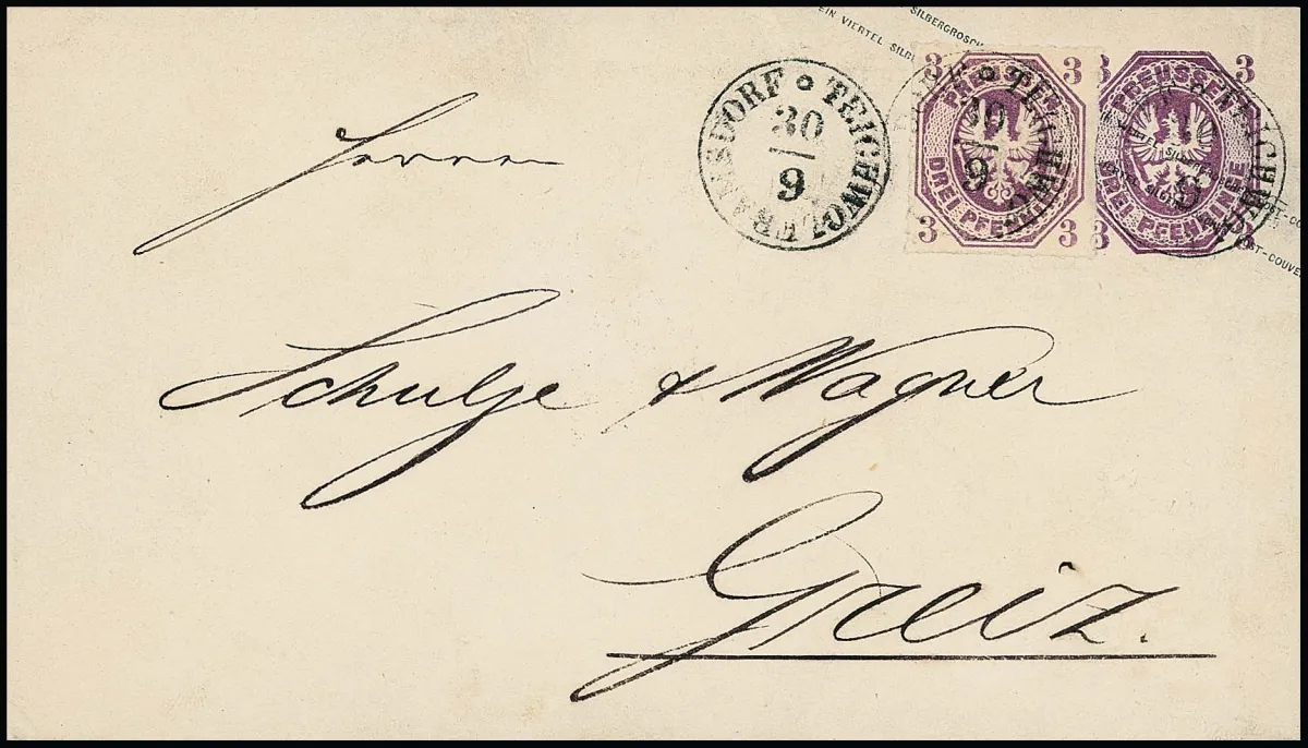 3 Pfge. red-violet, cabinet piece as additional franking on postal stationery envelope 3 Pfge. violet (slightly cleaned) with Taxis-K1 "Teichwolframsdorf 30/9" (1867) to Greiz. A rare postal stationery combination, photo certificate Jäschke-L.