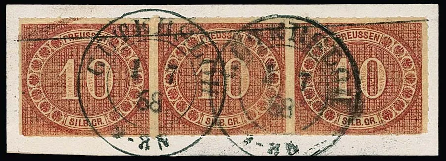 10 Sgr. pink in horizontal strip of three on cabinet letter piece with clear K2 "Gütersloh" and left stamp with small corner rust. Exceptionally fresh in colour…