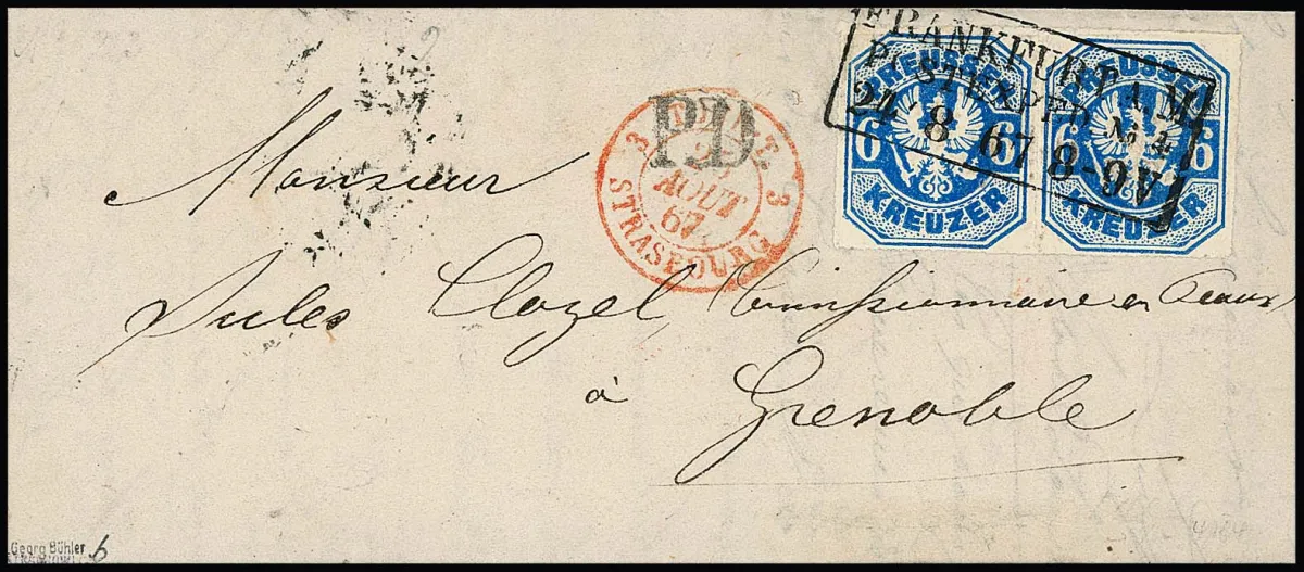 6 Kr. light Prussian blue, unusual border shade, in pair on cabinet coverlet with Ra3 from Frankfurt to Grenoble/France, signed Bühler et al. Mi. 2500,-