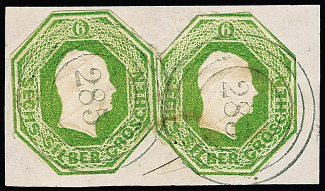 Octagonal postal stationery cut-outs 6 Sgr. yellow-green, two examples in typical octagonal cut, see photo, on letter piece with clear NS "285", decorative item…