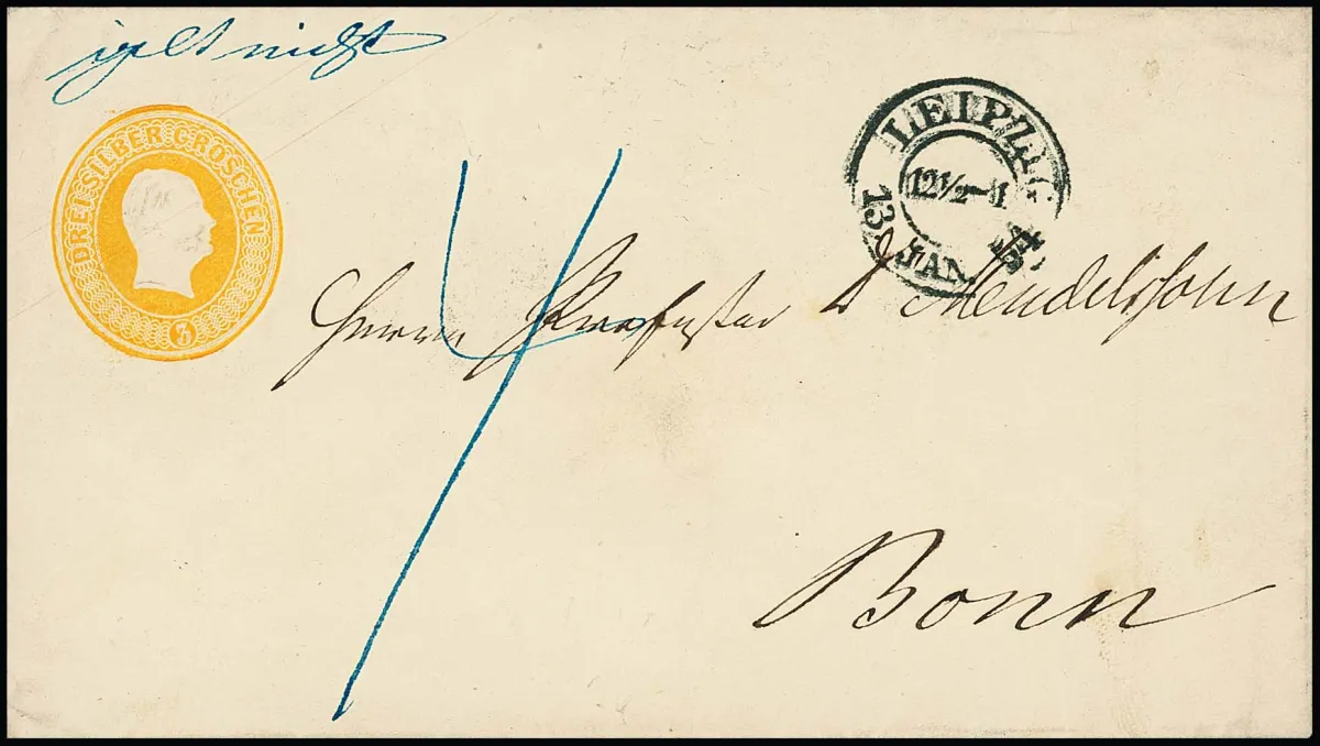 Entier postal tête 3 Sgr. jaune-orange en superbe enveloppe avec cachet de Saxe "Leipzig" 1854 pour Bonn, manuscrit "gilt nicht" et taxé "4" Sgr., une...