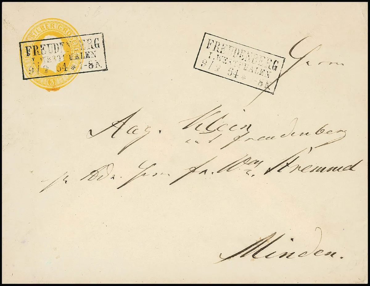 Entier postal tête 3 Sgr. orange-jaune, l'entier paru en 1851 en utilisation tardive rare avec Ra3 "Freudenberg i. Westphalen" daté du 9.2.1864....