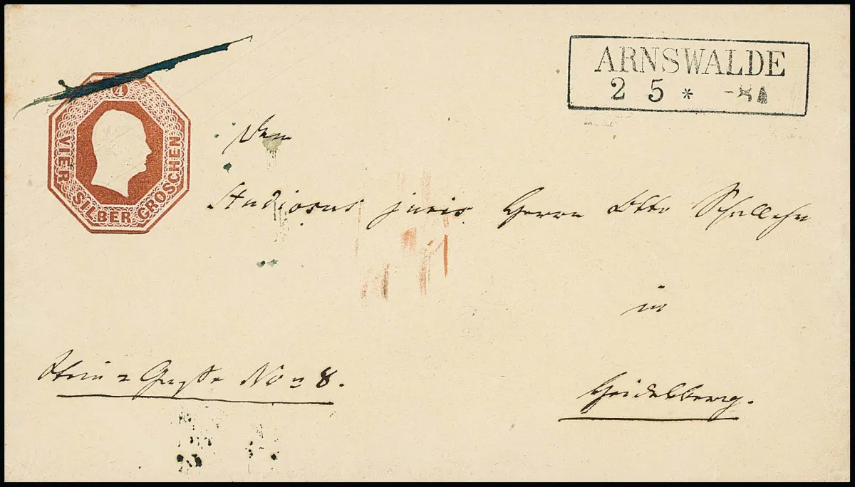 Octagonal postal stationery 4 Sgr. red-brown, unusually fresh and well-preserved luxury cover with Ra2 "Arnswalde" ideally to Heidelberg, rare overfranking! Mi....